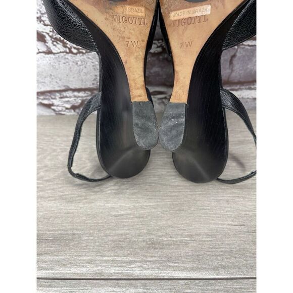 Vigotti Black Leather Open Toe Slingback High Wedge Sandals Women Sz 7W US/38EU - Picture 7 of 16